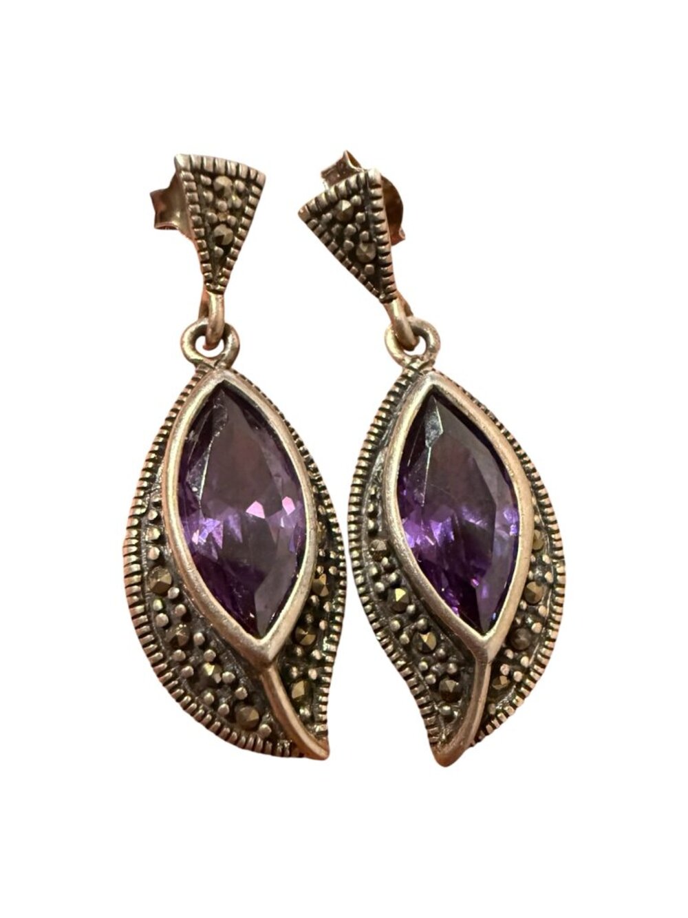 925 Sterling Silver Purple Marquise Stone Marcasite-Style Drop Earrings